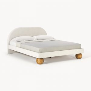 Upholstered bed with round feet in oak wood Rena